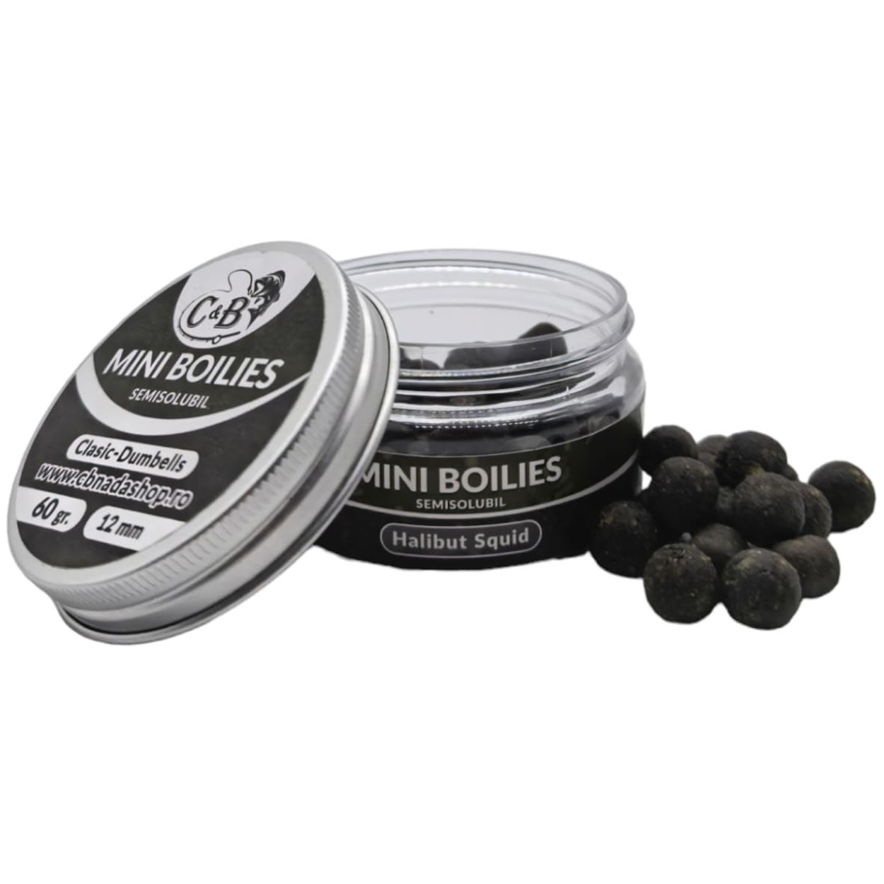 Mini Boilies C&amp;B Semisolubil, Halibut Squid, Negru, 12mm, 60g