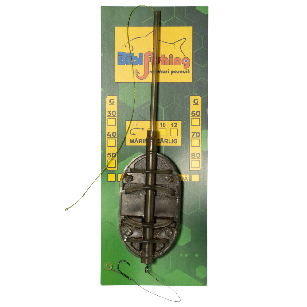 Montura Method Feeder BIBI FISHING cu Tija Long Cast cu Banda, 70g, Carlig Nr. 12, 1buc/plic