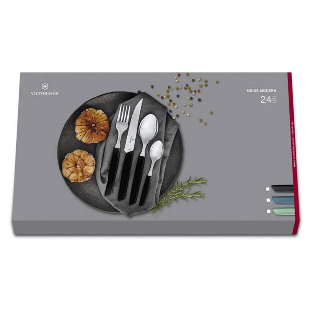 Set 24 Tacamuri 6 Persoane Victorinox, Swiss Modern Table Set, Lama Zimtata 11cm, Negru