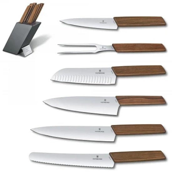 Set 6 Cutite Victorinox Swiss Modern Knife Block + Suport Lemn Gri, Manere Cutite Maro