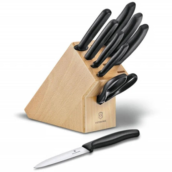 Set 9 Cutite si Foarfeca Bucatarie Victorinox Swiss Classic Cutlery Block + Suport Fag, Maro