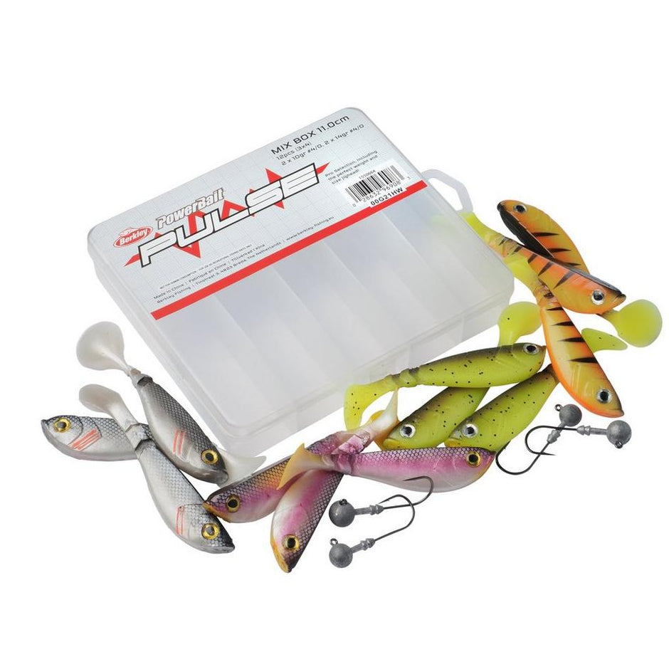 Set shaduri BERKLEY Pulse Shad MixBox 11cm + Jig-uri, 16buc/pac