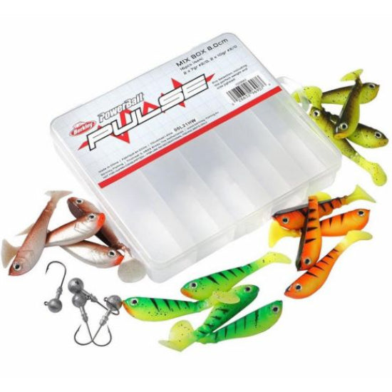 Set shaduri BERKLEY Pulse Shad MixBox 8cm + Jig-uri, 20buc/pac