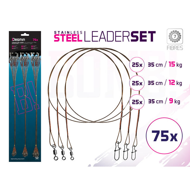 Set strune Delphin BOMB din otel 7 fibre cu vartej si carabina 75x /35cm/9,12,15kg