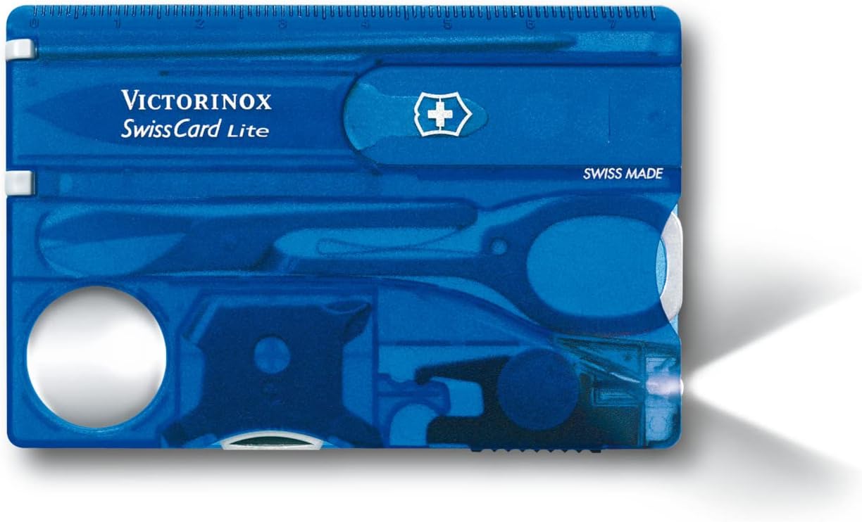 Trusa Multifuncionala Victorinox Swiss Card Lite, Swiss Made Pocket Tool, 13 Functions, LED, Magnifier, Blue Transparent
