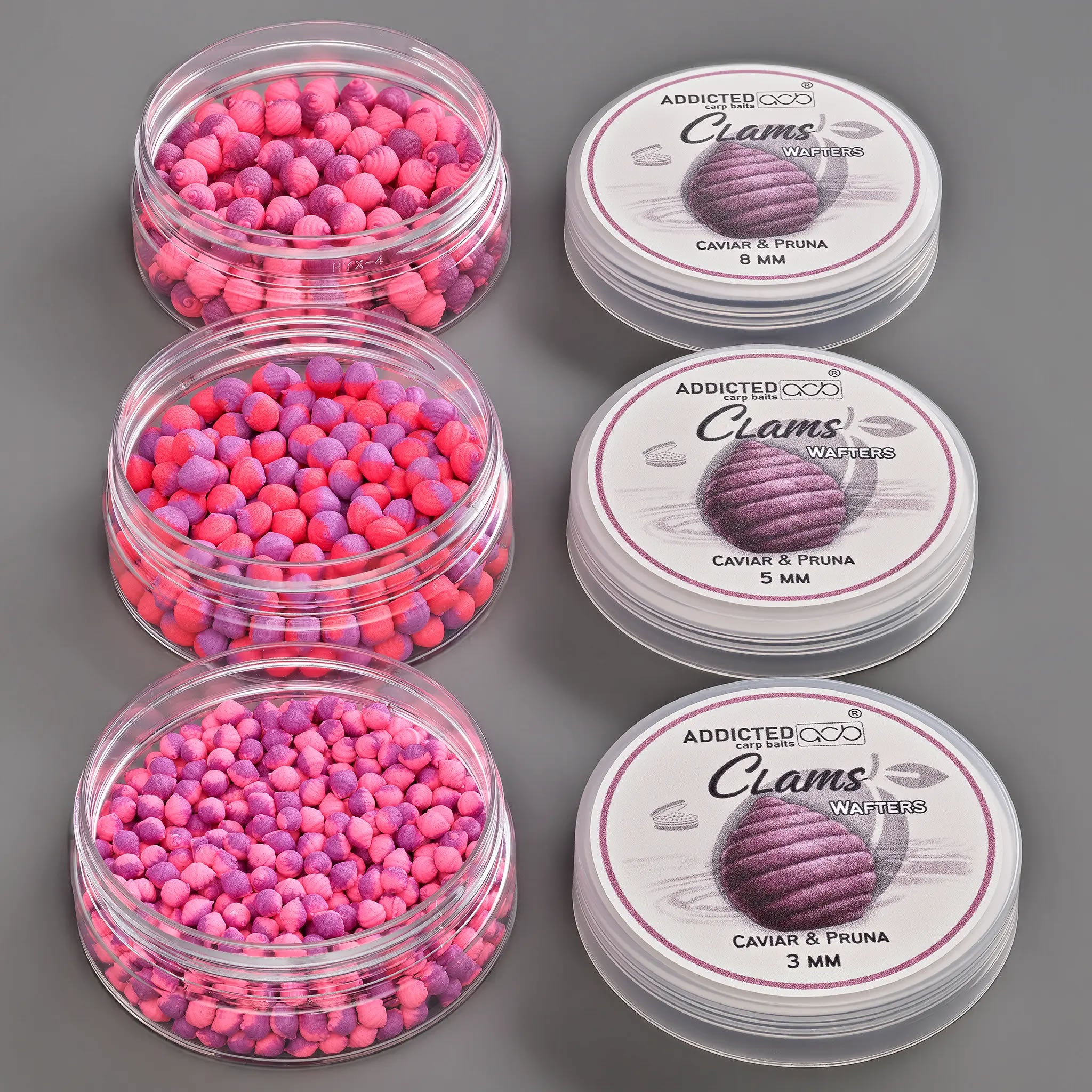 Wafters ADDICTED CARP BAITS Clams Caviar Pruna, Pink &amp; Mov, 5mm, 25g