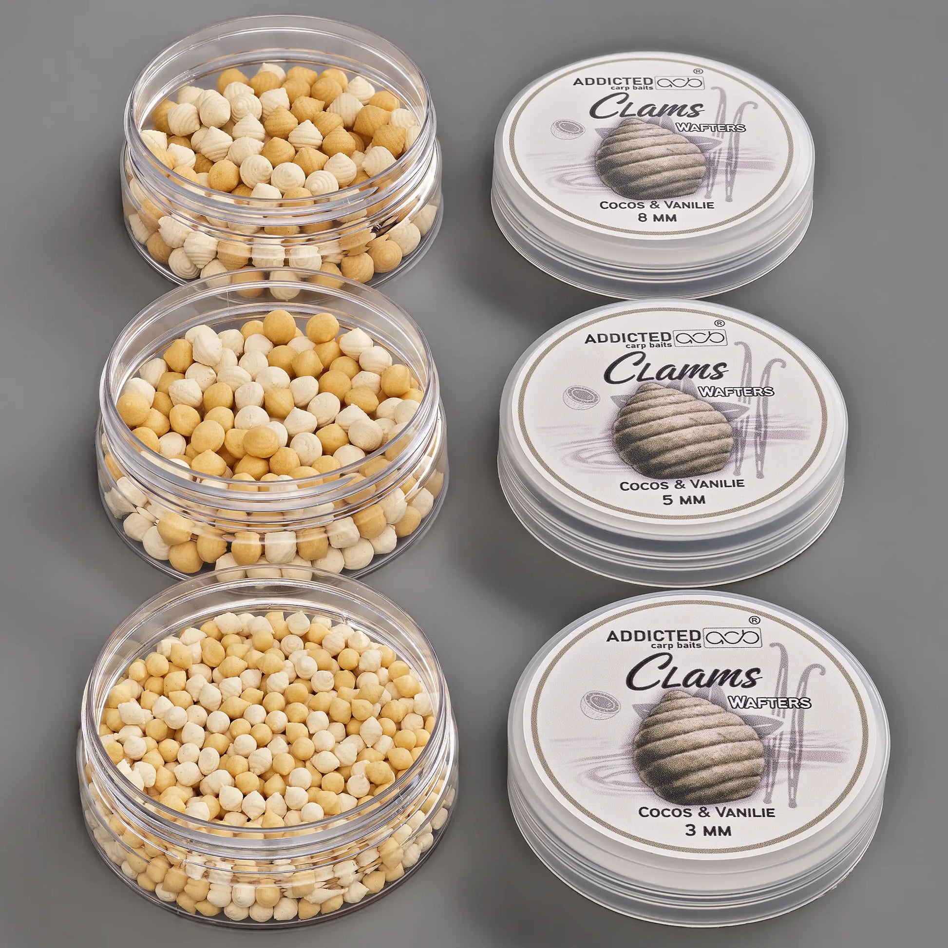 Wafters ADDICTED CARP BAITS Clams Cocos Vanilie, Maroniu Natur &amp; Alb, 8mm, 25g