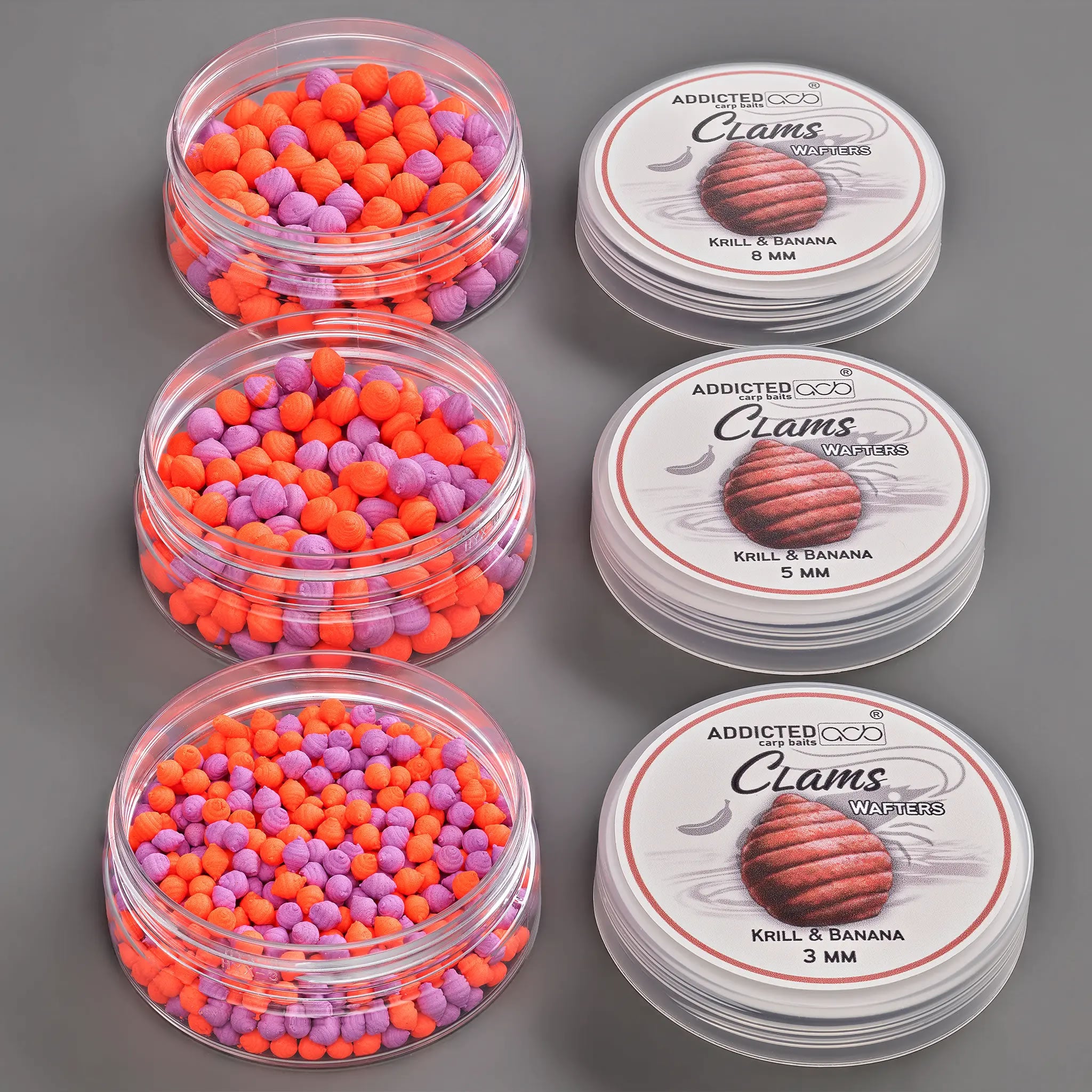 Wafters ADDICTED CARP BAITS Clams Krill Banana, Mov &amp; Portocaliu, 8mm, 25g