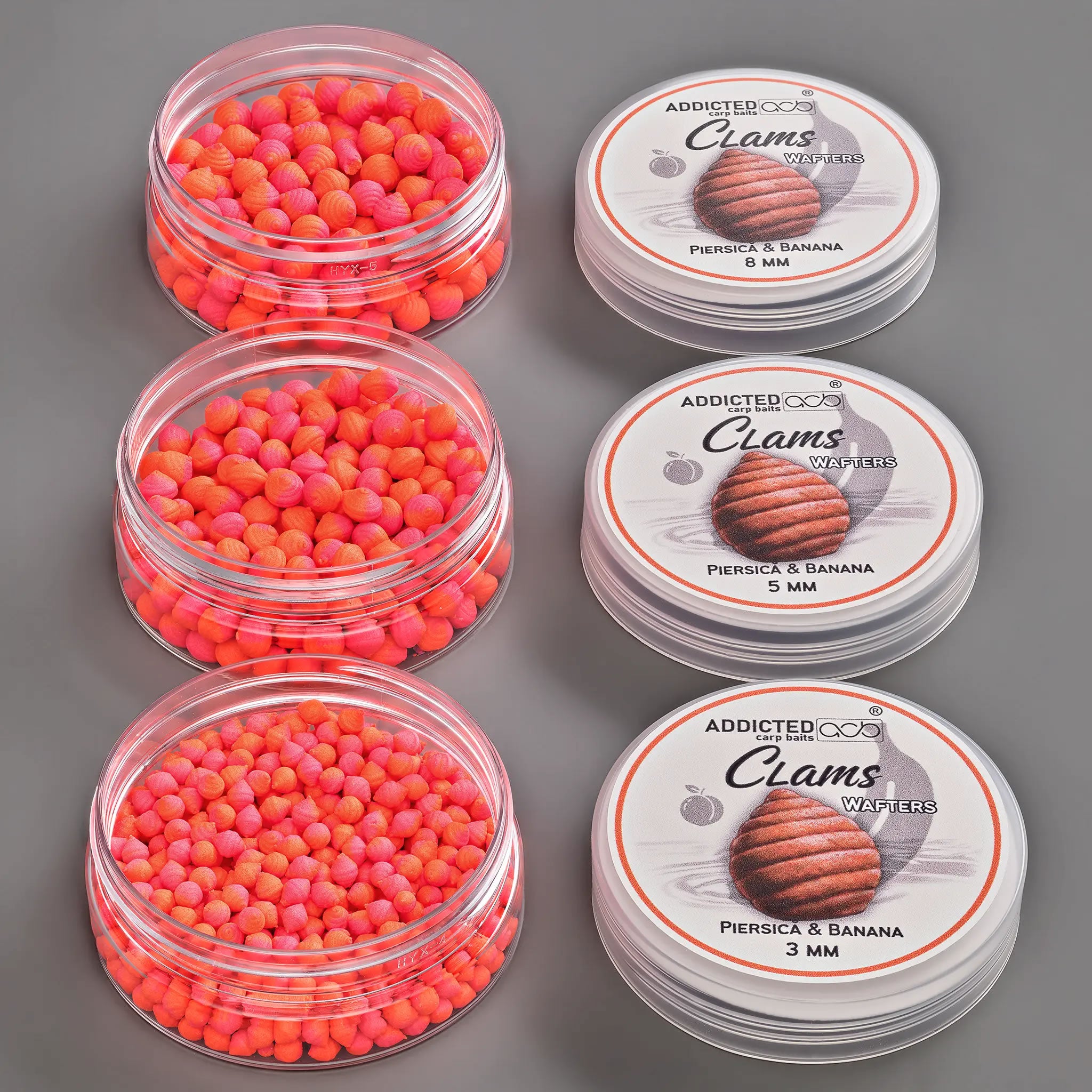 Wafters ADDICTED CARP BAITS Clams Piersica Banana, Pink &amp; Portocaliu, 5mm, 25g