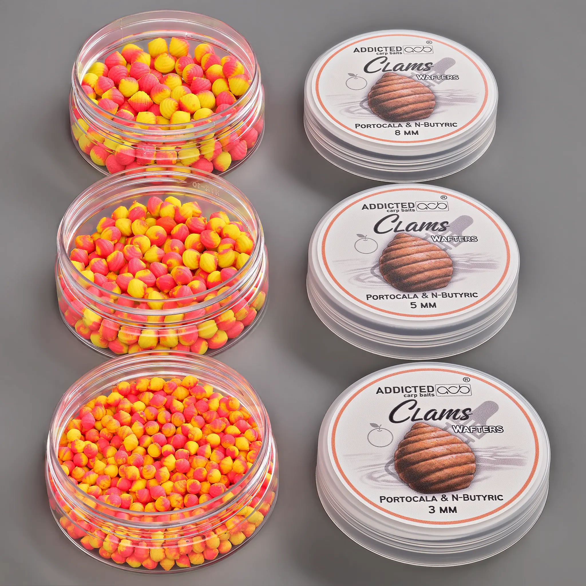 Wafters ADDICTED CARP BAITS Clams Portocala N-Butyric Pink &amp; Galben