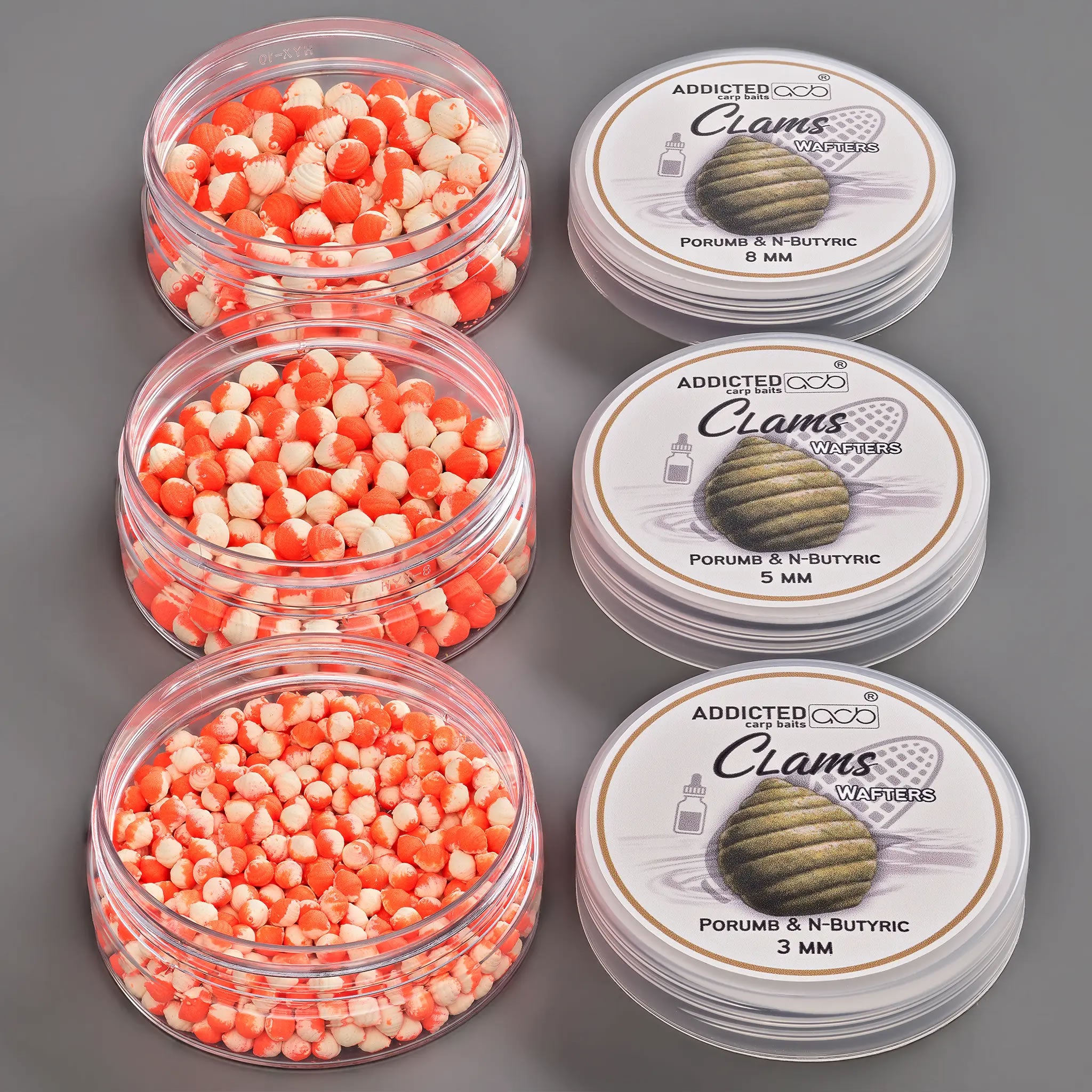 Wafters ADDICTED CARP BAITS Clams Porumb N-butyric, Portocaliu &amp; Alb, 3mm, 20g