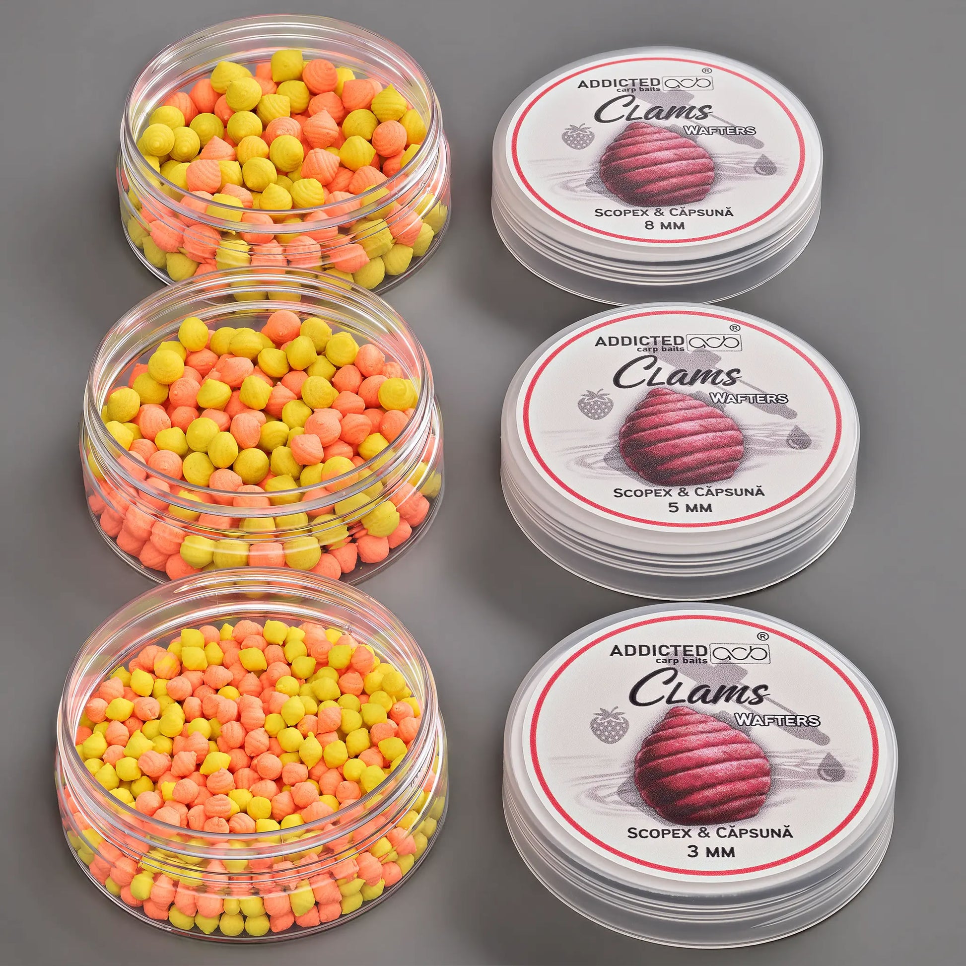 Wafters ADDICTED CARP BAITS Clams Scopex Capsuna, Portocaliu Washed &amp; Galben, 3mm, 20g
